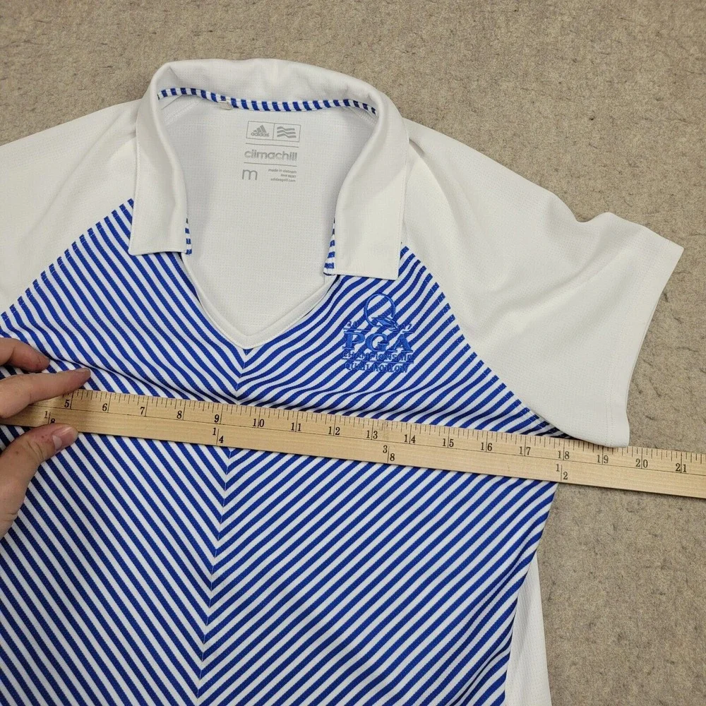 Quail Hollow Adidas Climalite Golf Polo Shirt Womens Medium Blue‎ White Striped